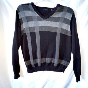 Men's Van Heusen V Neck Sweater, Black and Gray, Abstract Design, Size Large EC